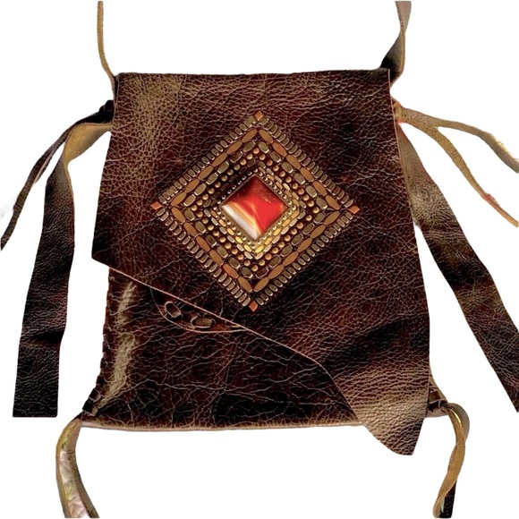 Calleen Cordero Joyti Metallic Khaki Messenger Bag with Carnelian Stone Studs - Picture 14 of 15